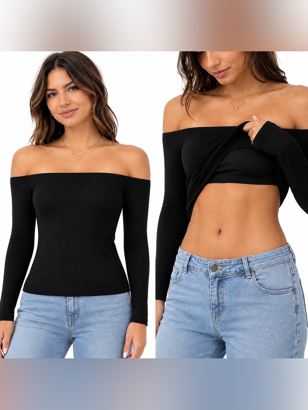 Halara Ribbed Knit Off Shoulder Long Sleeve 2-in-1 Casual Top Size Large